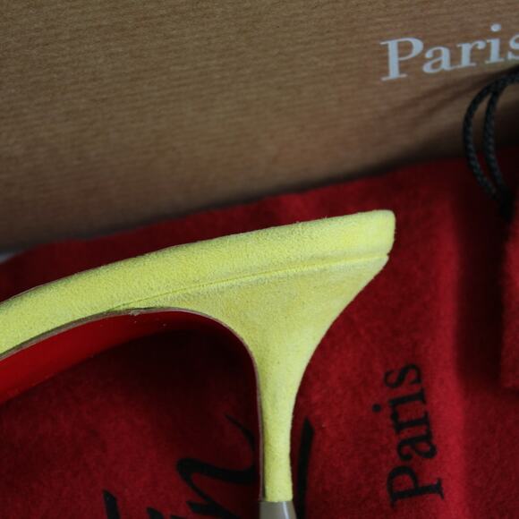 Christian Louboutin Belbrossa Yellow Suede Pompom Fringe Slip-On Kitten Heels - Picture 9 of 16